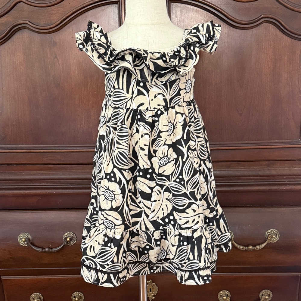 Girls Tropical  Floral Tiered Ruffle Dress Neutral Boho